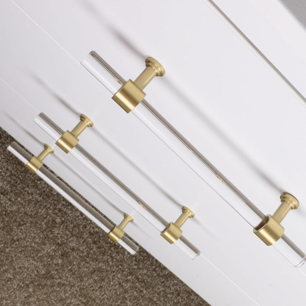 QOGRISUN 2-Pack Acrylic Cabinet Pulls with Brass Base, Gold Modern Drawer Handles, 3-inch Hole Center for Kitchen, Dresser Drawer Clear Glass Crystal Pulls, 5.1-inch Total Length