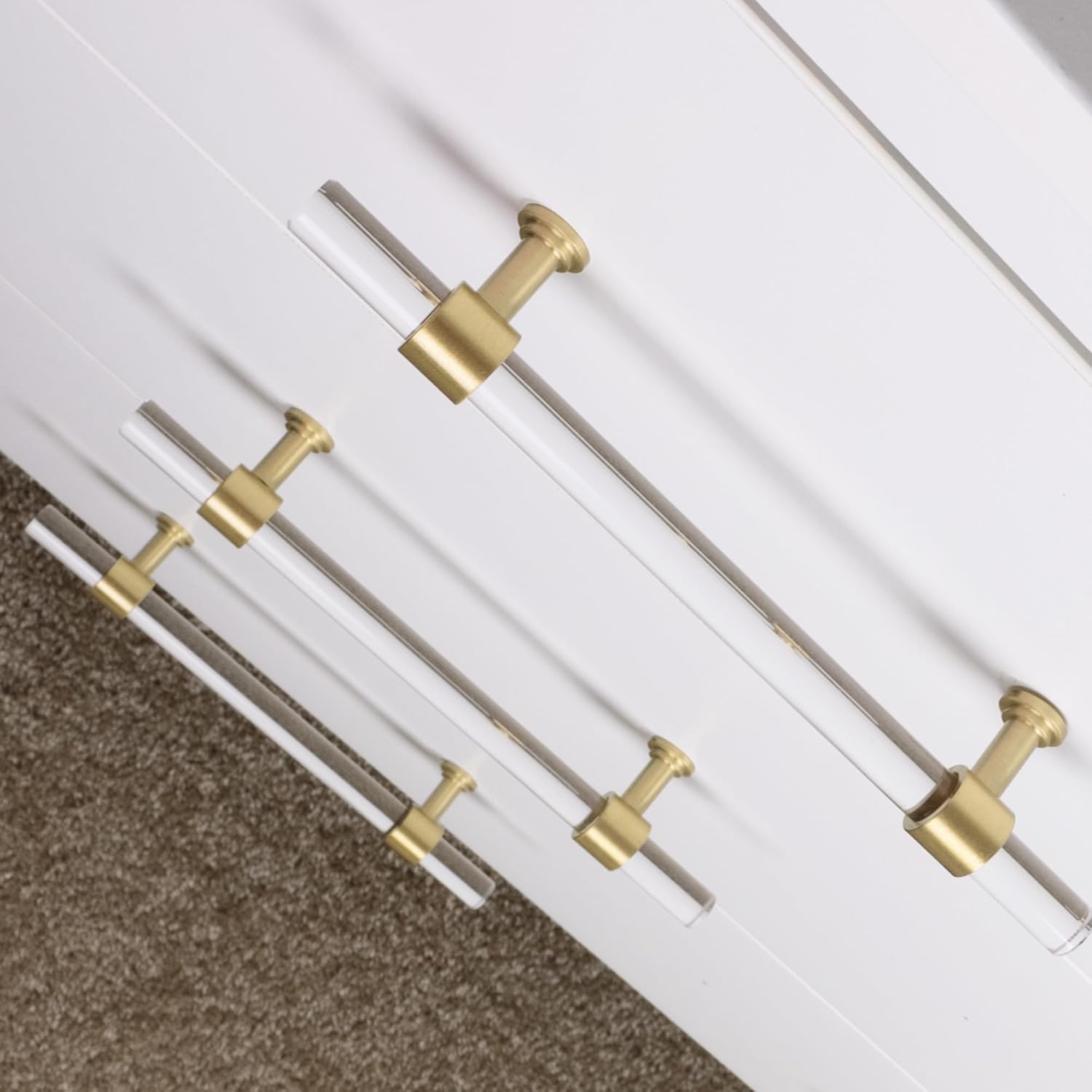 QOGRISUN 2-Pack Acrylic Cabinet Pulls with Brass Base, Gold Modern Drawer Handles, 3-inch Hole Center for Kitchen, Dresser Drawer Clear Glass Crystal Pulls, 5.1-inch Total Length