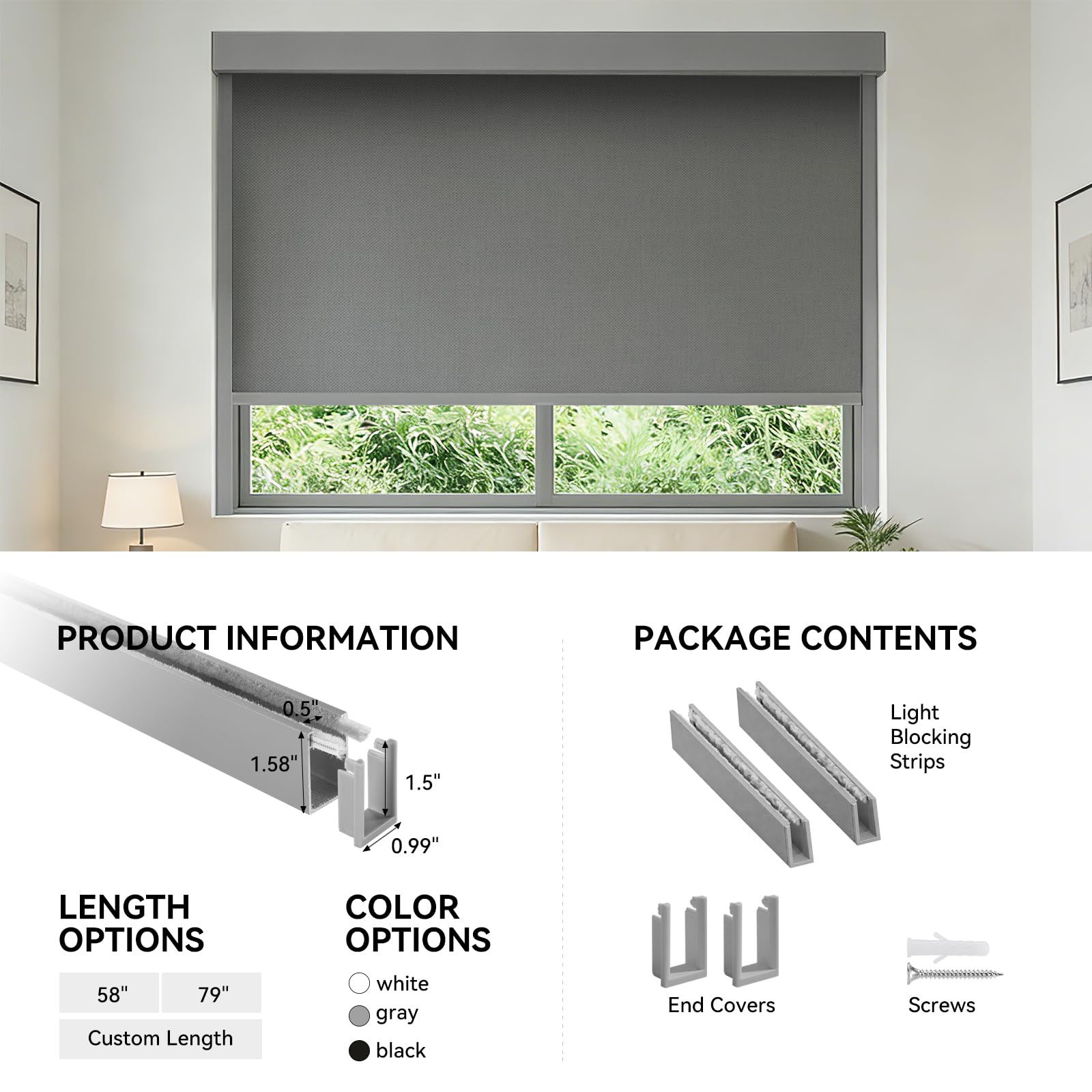 ZSTARR PVC Light Blockers Blackout Light Blockers Side Tracks for Window Shades Blinds Side Tracks for Blackout Shades Easy to Install Light Blocking Strips for Bedroom (Black, 58",2Pcs)