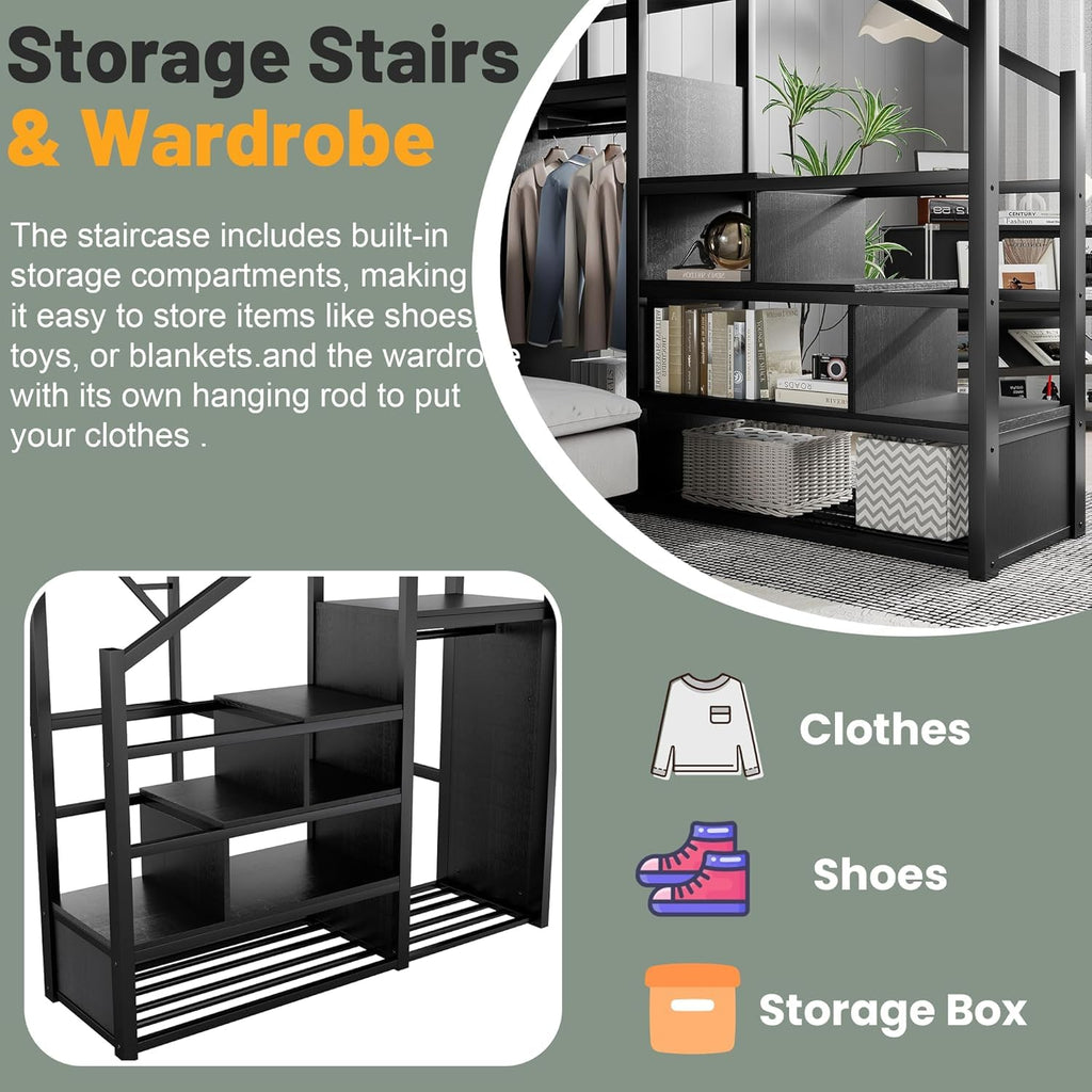 Mirightone Full Size Loft Bed with Stairs, Metal Loft Beds, High Loft Bed Frame with Storage Shelves, Lofted Full Bed with Wardrobe for Kids and Teens, No Box Spring Needed (Black)