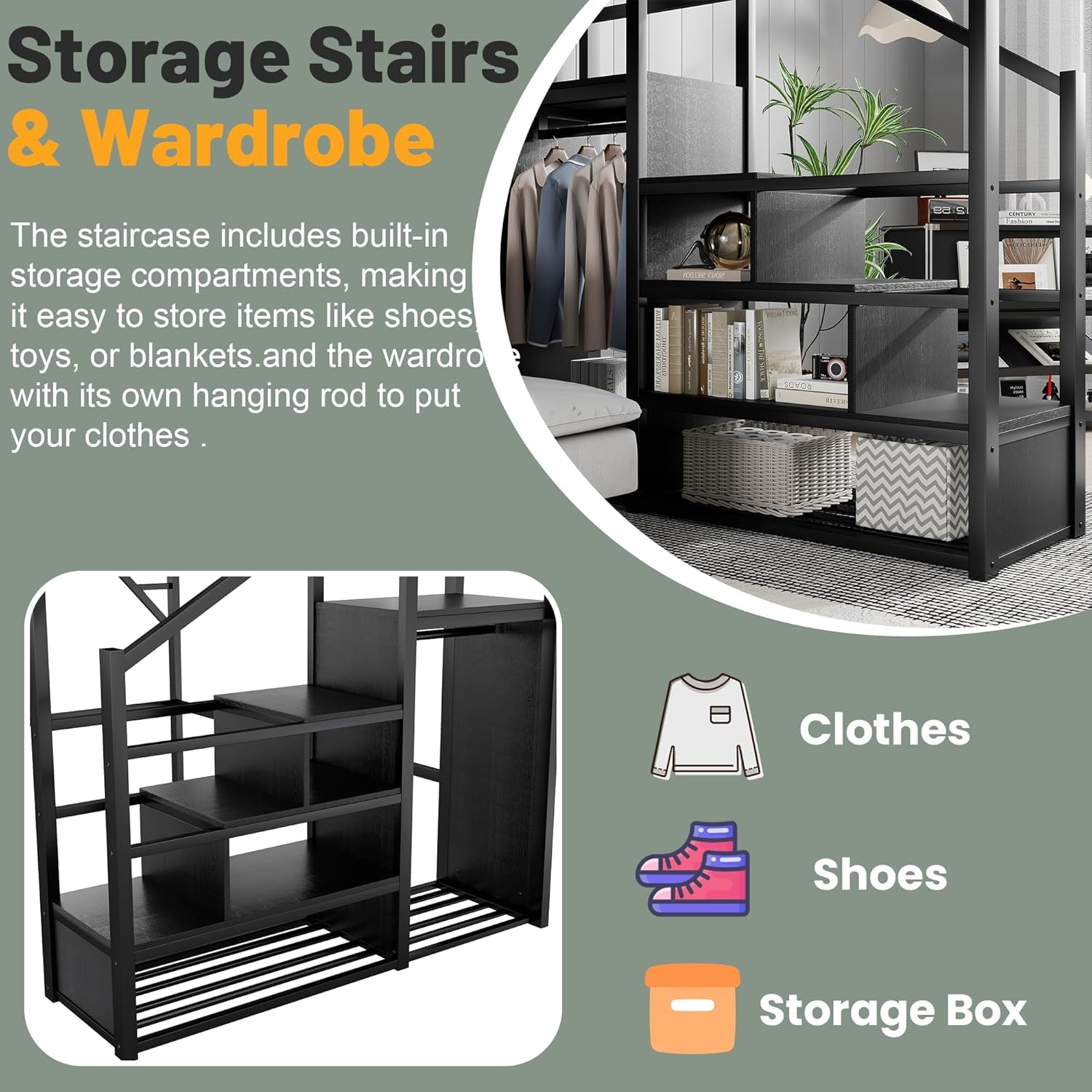 Mirightone Full Size Loft Bed with Stairs, Metal Loft Beds, High Loft Bed Frame with Storage Shelves, Lofted Full Bed with Wardrobe for Kids and Teens, No Box Spring Needed (Black)
