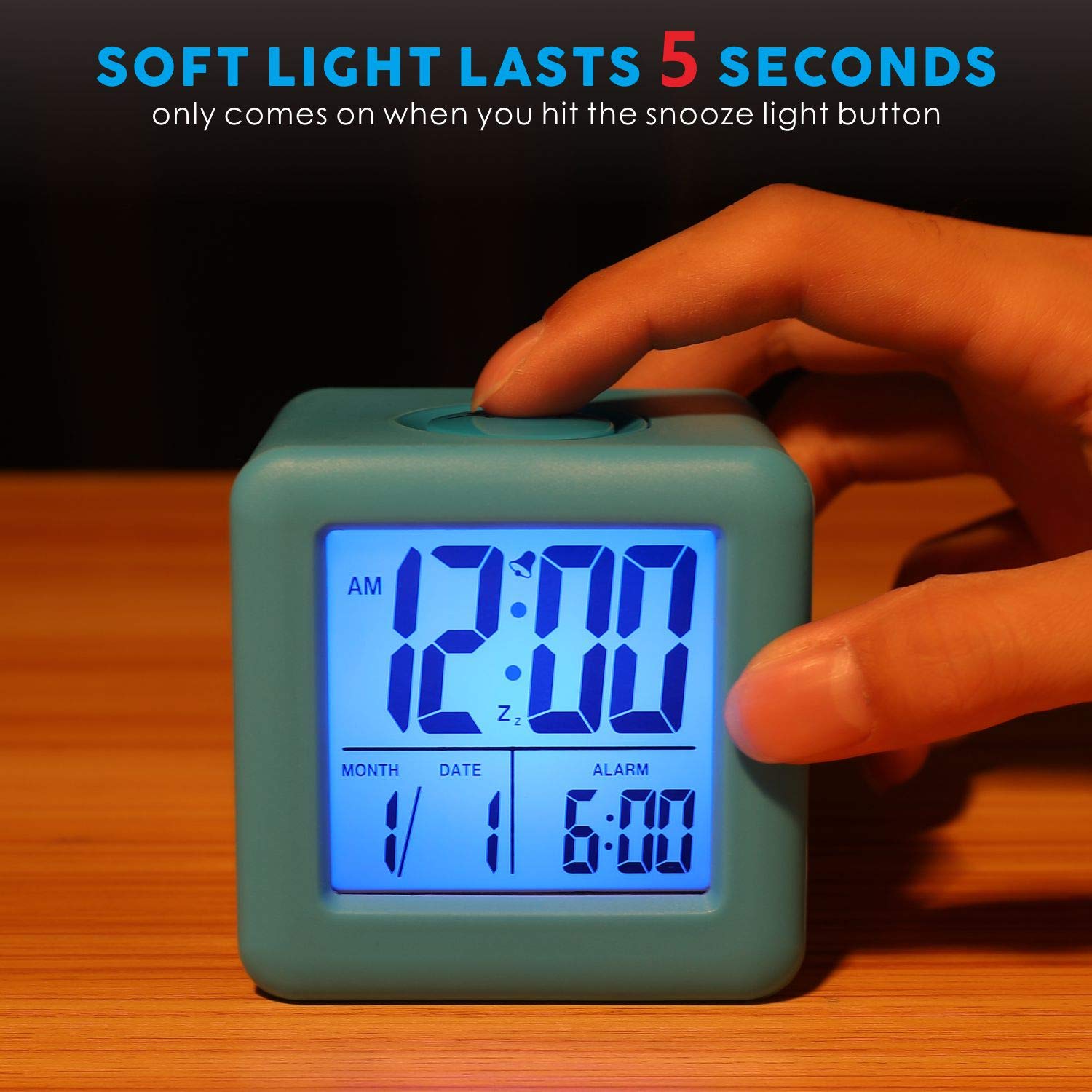 Plumeet Digital Alarm Clock Kids Clock with Snooze and White Nightlight - Easy Setting Travel Alarm Clocks Display Time, Date, Alarm - Ascending Sound - Battery Powered (Baby Blue)