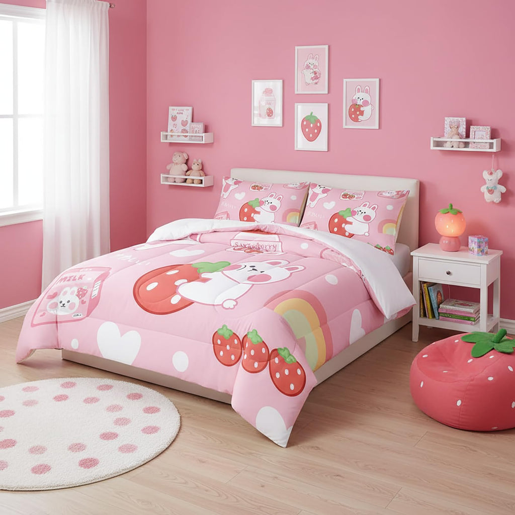 QOOMO Floral Cat Comforter Twin Size,Pink Cat Bedding Set for Kids Teens Girls,3Pcs Bedding Set Printed Comforter with 2 Pillowcases,Down Alternative,Soft and Lightweight(Pink，Twin Size)