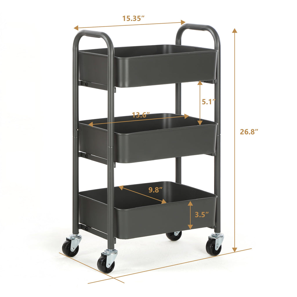 SunnyPoint 3-Tier Delicate Compact Rolling Metal Storage Organizer - Mobile Utility Cart Kitchen/Under Desk Cart with Caster Wheels - Army (15.35" X 10.24" X 26.8"H)