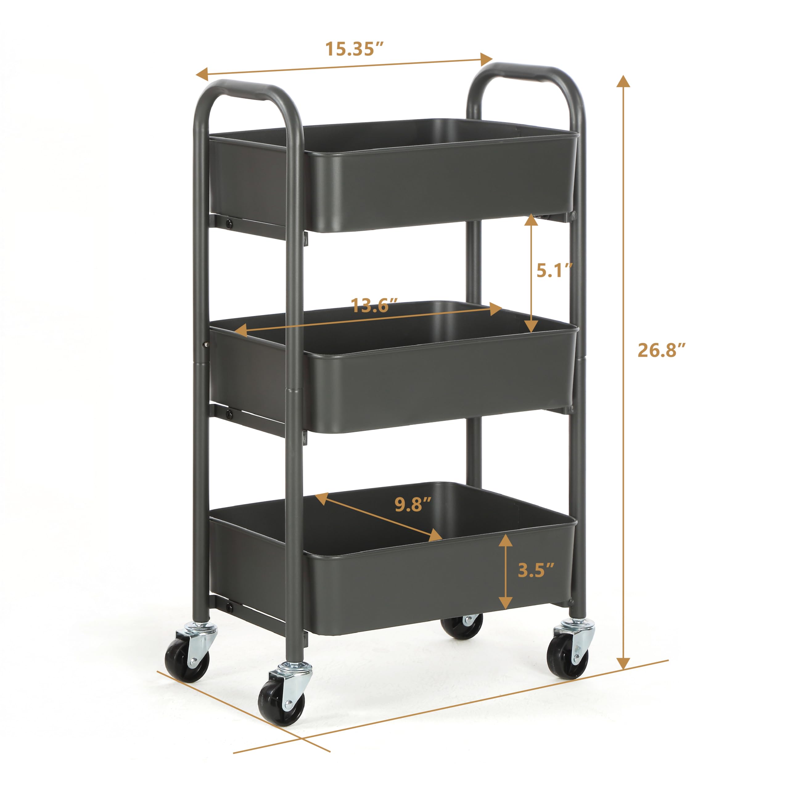 SunnyPoint 3-Tier Delicate Compact Rolling Metal Storage Organizer - Mobile Utility Cart Kitchen/Under Desk Cart with Caster Wheels - Army (15.35" X 10.24" X 26.8"H)