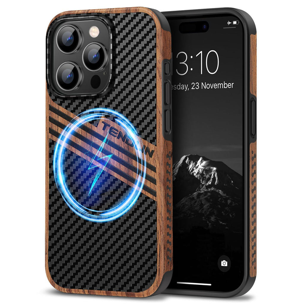 TENDLIN Compatible with iPhone 15 Case Wood Grain with Carbon Fiber Texture Design Leather Hybrid Slim Case (Black)