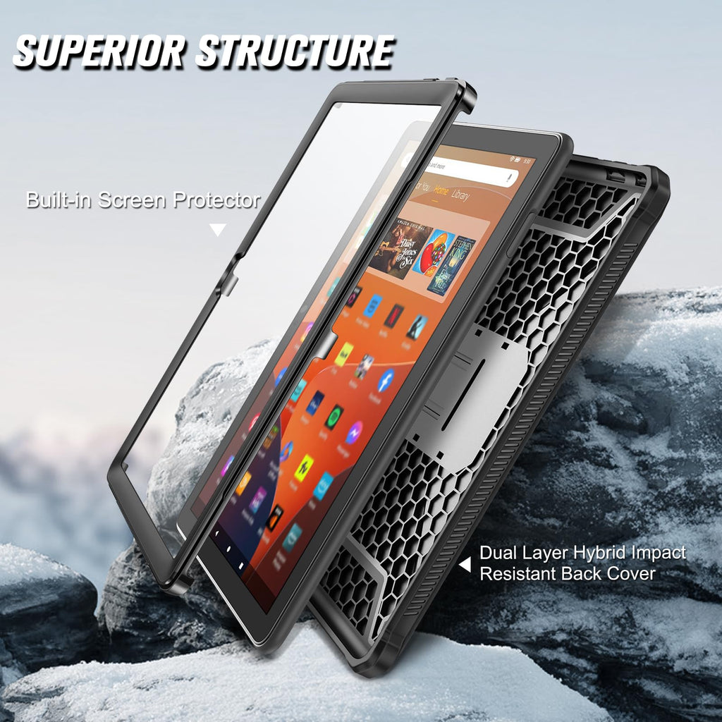 Fintie Shockproof Case for All-New Fire HD 10 Tablet (13th Generation 10.1", 2023 Release), [Tuatara] Rugged Unibody Hybrid Bumper Kickstand Cover with Built-in Screen Protector, Black