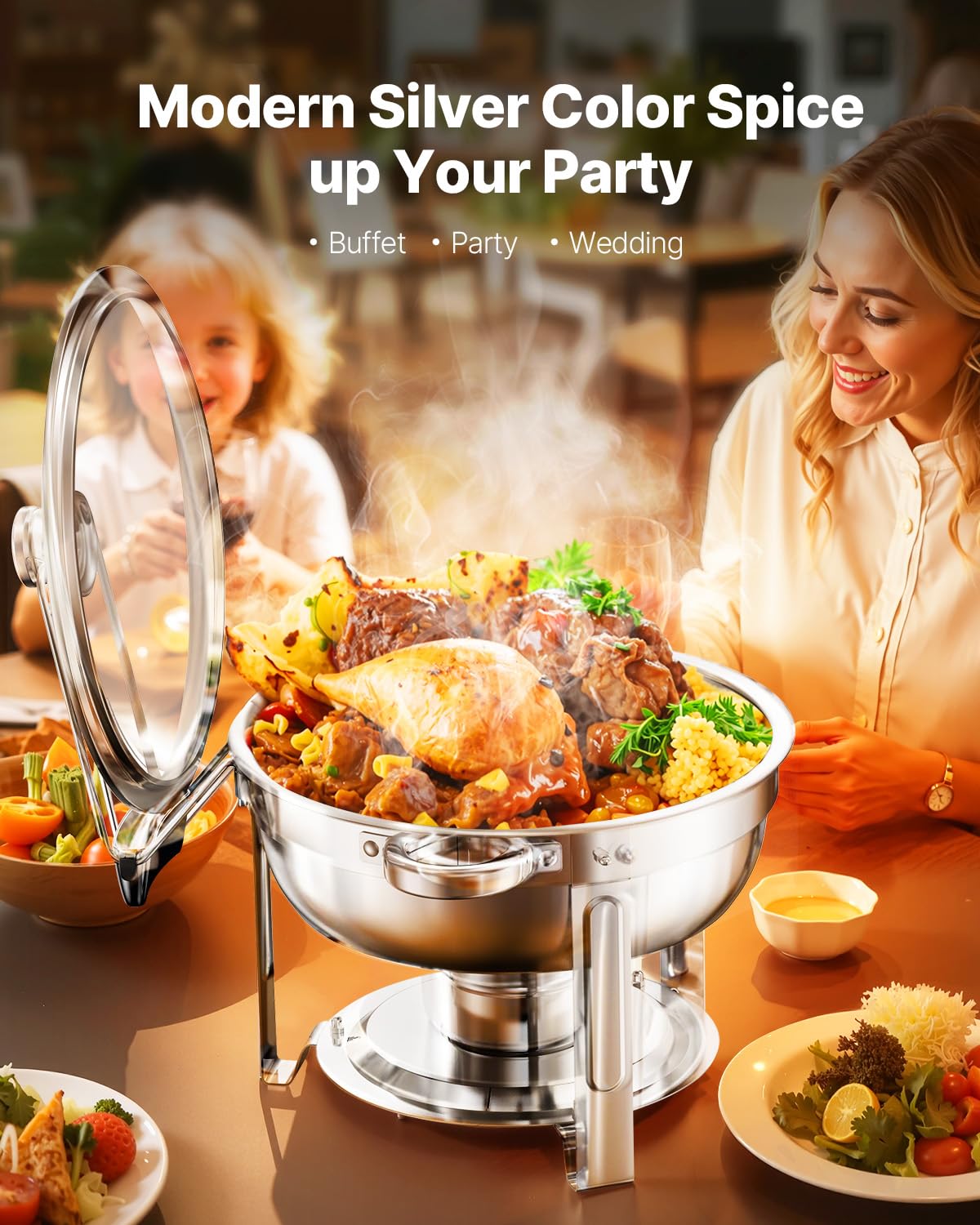 VEVOR Chafing Dish Buffet Set, 5 Qt 4 Pack, Stainless Steel Chafer with 4 Full Size Pan, Round Catering Warmer Server with Glass Lid Water Pan Folding Stand Fuel Holder, for Wedding Banquet, Gold