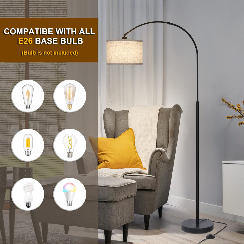 Rattan Floor Lamp, Arc Floor Lamps for Living Room, Farmhouse Standing Lamp with Adjustable Hanging Fabric Shade, Tall Pole Lamp with Foot Switch, Over Couch Arched Reading Light for Bedroom, Office
