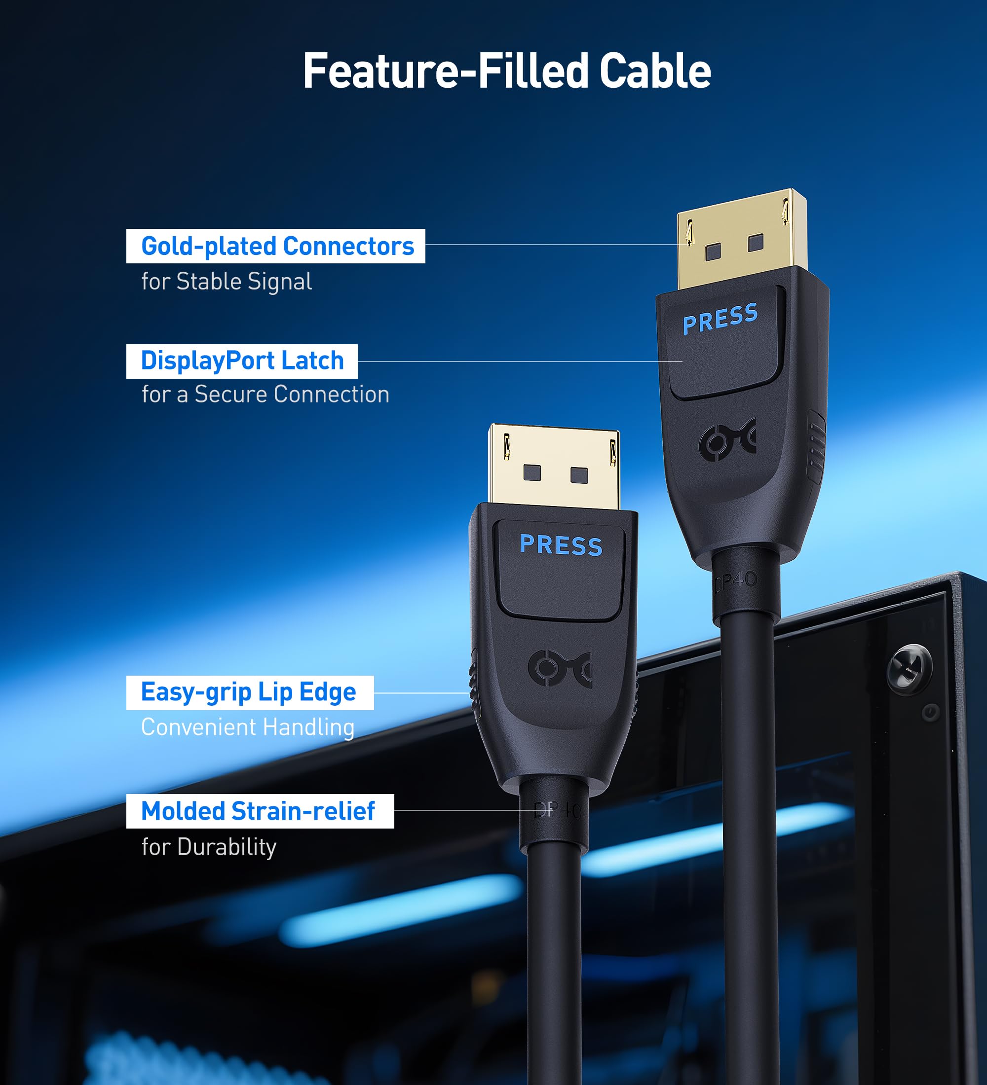 Cable Matters [VESA Certified] 40Gbps DisplayPort 2.1 Cable 1m/3.3ft, DP40 Cable 8K 120Hz, 4K 240Hz in Black with FreeSync, G-SYNC and HDR for Gaming Monitor, PC, RTX 4080/4090, RX 7900