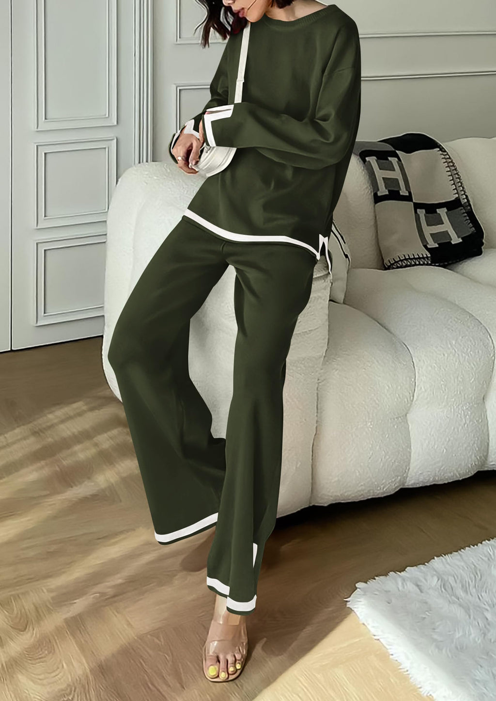 PRETTYGARDEN Women's 2 Piece Knit Sweater Set Travel Outfits | Long Sleeve Tops, Wide Leg Pants, Soft Matching Sweat Track Suits, Casual Fall Winter Clothes for Brunch, Going Out & Cruise