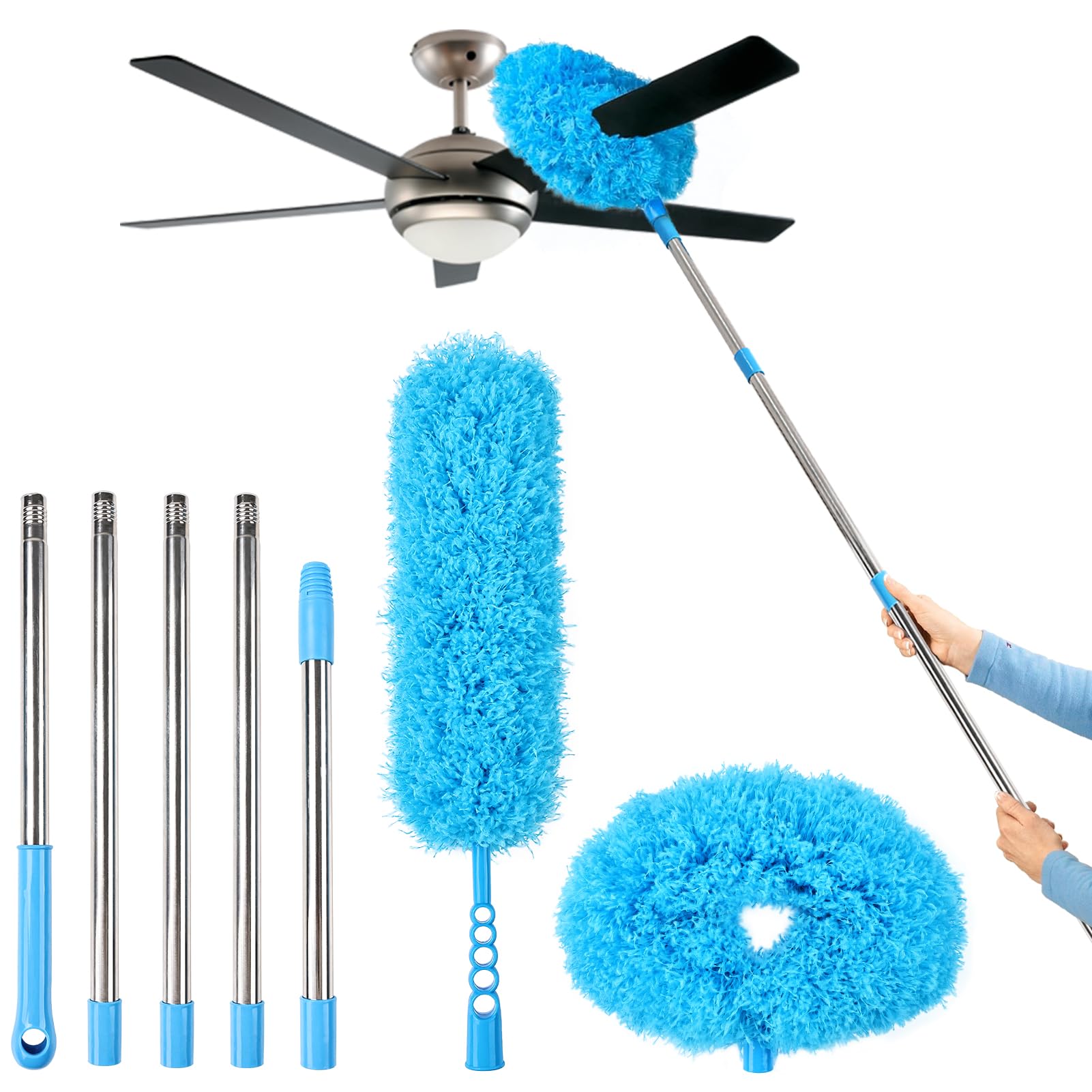 Ceiling Fan Cleaner Duster Reusable Microfiber Removable Duster with Extension Pole Adjusts 12 to 71 Inch for Cleaning Walls Bookshelves Furniture Door Window Top (Blue)