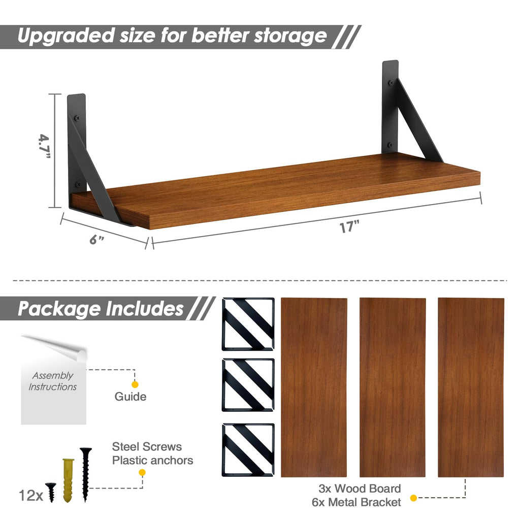 Forbena 12 Inch Deep Floating Shelves for Wall, Wide Black Wall Mounted Shelves for Bedroom Office Books Plants, Large Hanging Shelf for Living Room Bathroom Kitchen Closet Pantry Storage (3-Pack)
