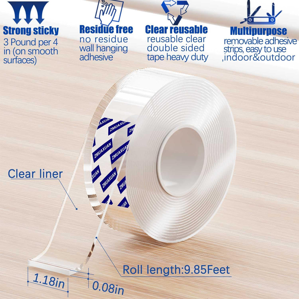 ZMUAXUAN Strong Nano Double Sided Tape Heavy Duty Mounting,Clear Removable Wall Sticky Adhesive Strips,Reusable Thick Gel Grip for Hanging Picture,Poster,Carpet,Photo
