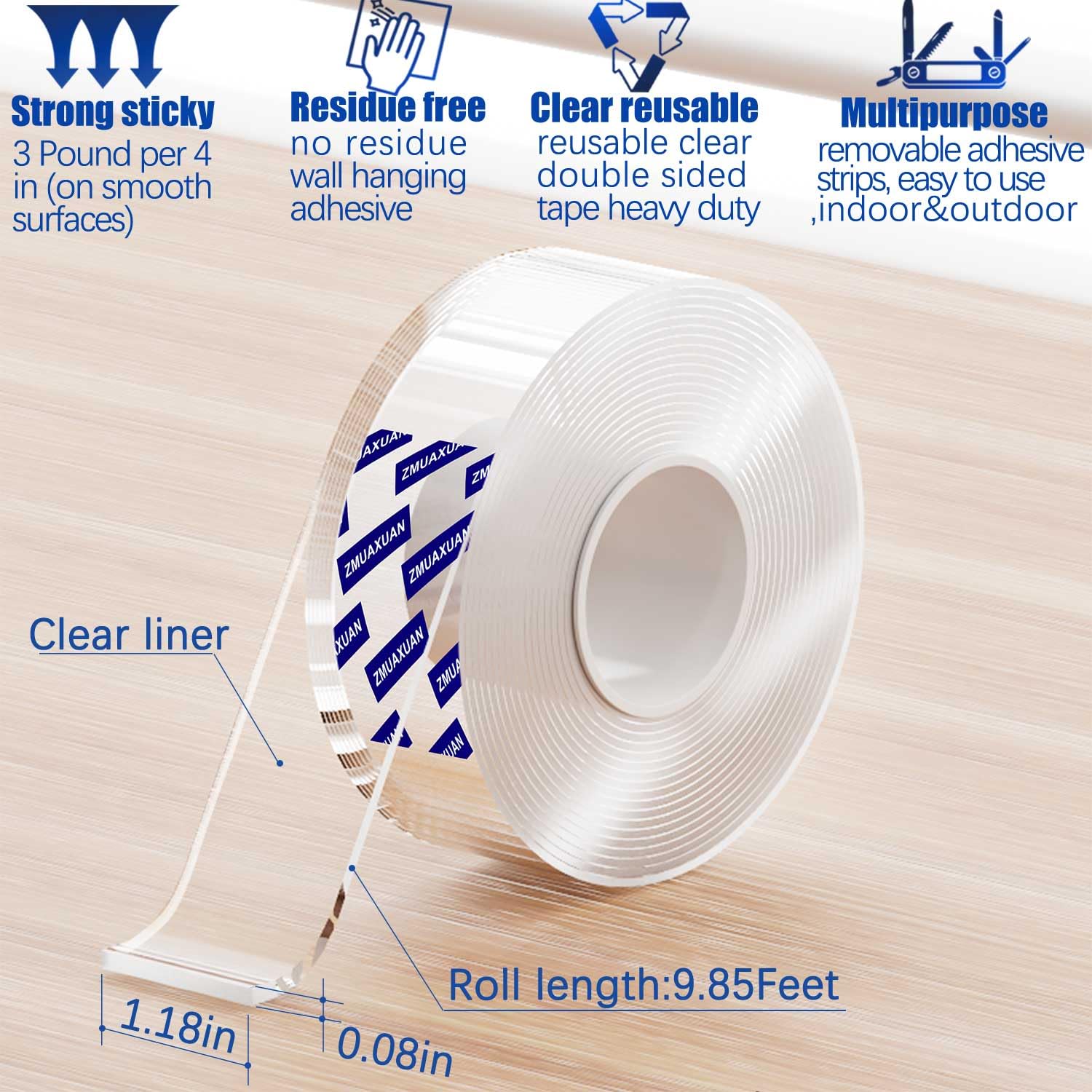 ZMUAXUAN Strong Nano Double Sided Tape Heavy Duty Mounting,Clear Removable Wall Sticky Adhesive Strips,Reusable Thick Gel Grip for Hanging Picture,Poster,Carpet,Photo