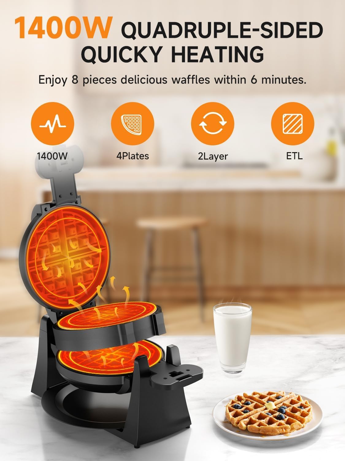 Waffle Maker, 1400W Double Belgian Waffle Iron 180° Flip, 8 Slices, Rotating & Nonstick Plates, Removable Drip Tray for Easy Cleaning, Cool Touch Handles, Space Saving Storage, Black
