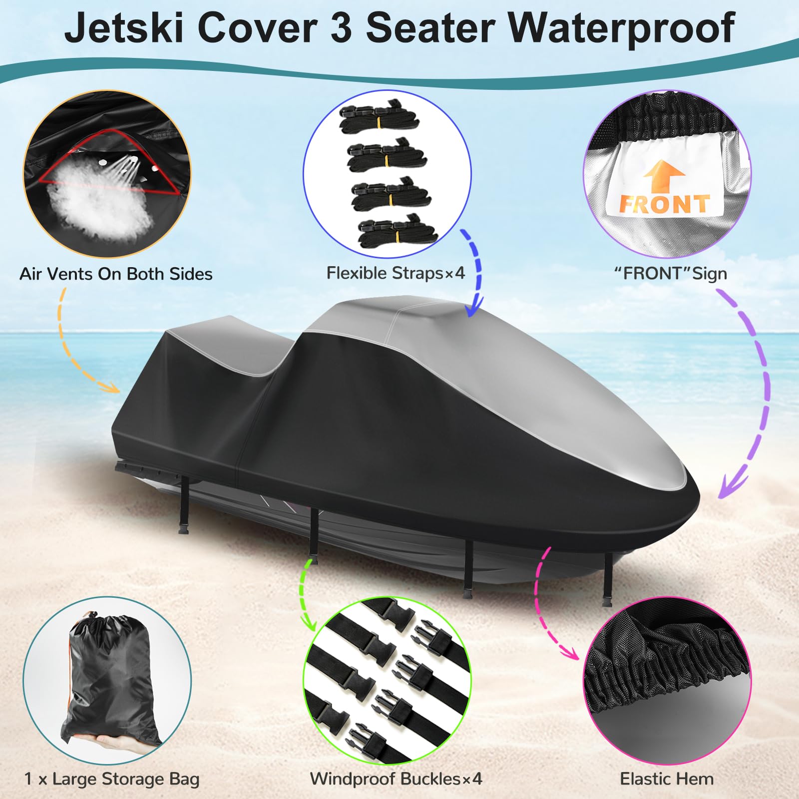 Jet Ski Cover,Heavy Duty 900D Oxford Jetski Cover 2 3 Seater with 2 Air Vents，4 Windproof Buckles，Easy On，Jetski Cover Waterproof for Seadoo Spark,Yamaha,All Weather Protection(Black, XL:115"-120")