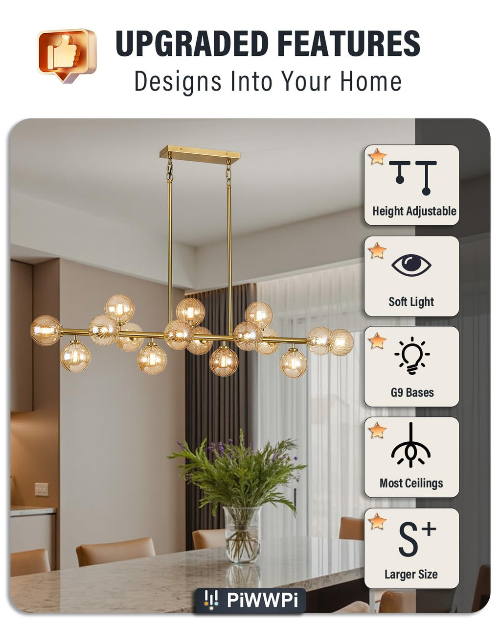 Modern Linear Chandeliers for Dining Room, 8-Light Globe Sputnik Pendant Ceiling Light, Black Dining Room Light Fixture Over Table, Mid Century Glass Milk White Bubble, 31.5 Inch, GC-09