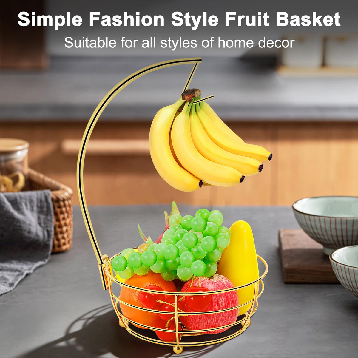 Countertop Fruit Basket Bowl with Banana Hanger, Modern Standing Fruit Vegetable Bowl Storage, with Banana Tree Holder for Kitchen Dinning Table (Round Marble, Black)