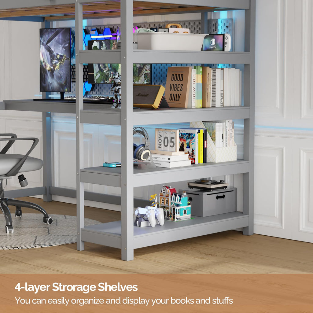 JOYMOR Low Loft Bed Twin Size with LED Lights, 4 Storage Shelves, Removable Curtain, Kids Wood Loft Bed with 15" H Safety Guardrail, Spave Saving, Mattress Not Included (Gray)