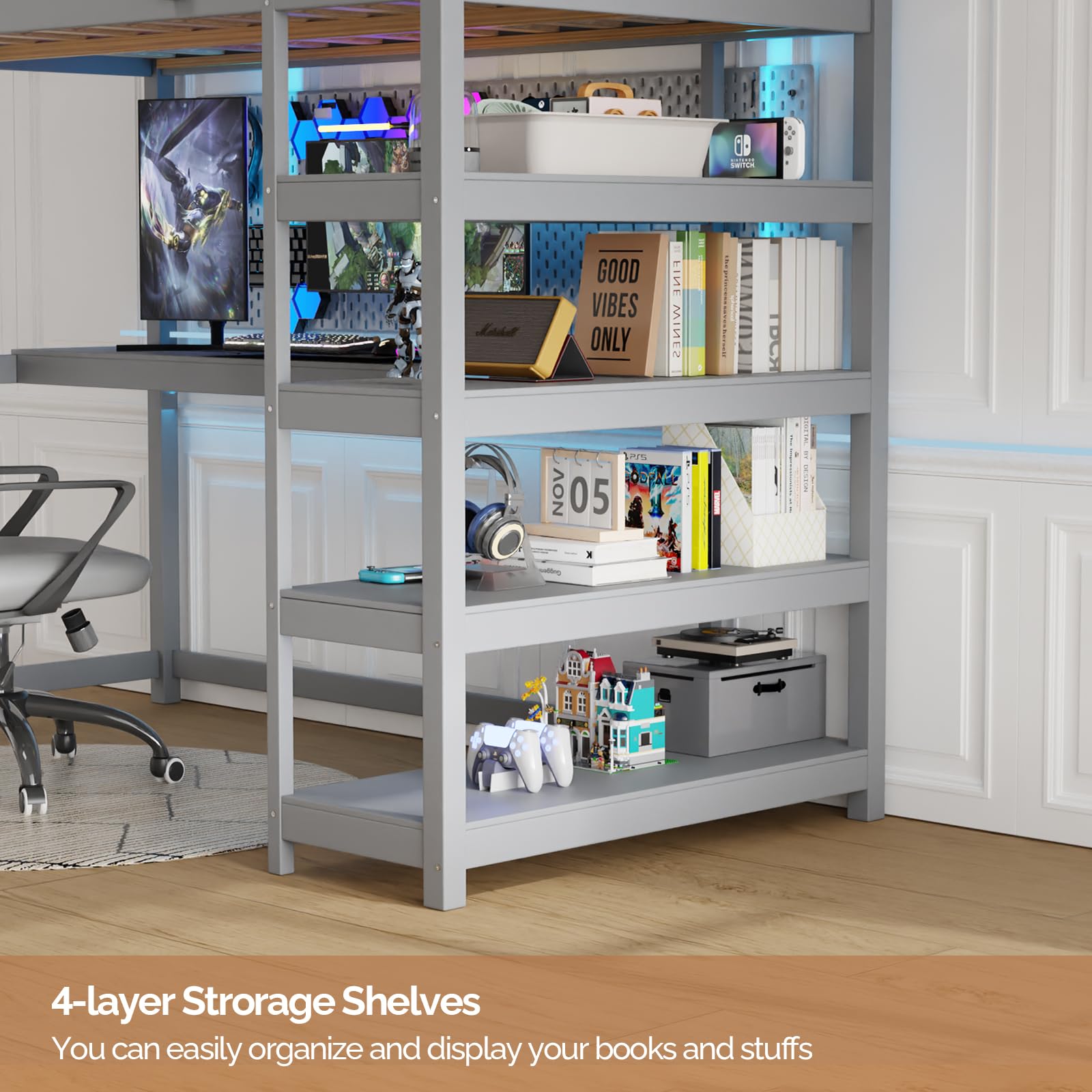 JOYMOR Low Loft Bed Twin Size with LED Lights, 4 Storage Shelves, Removable Curtain, Kids Wood Loft Bed with 15" H Safety Guardrail, Spave Saving, Mattress Not Included (Gray)