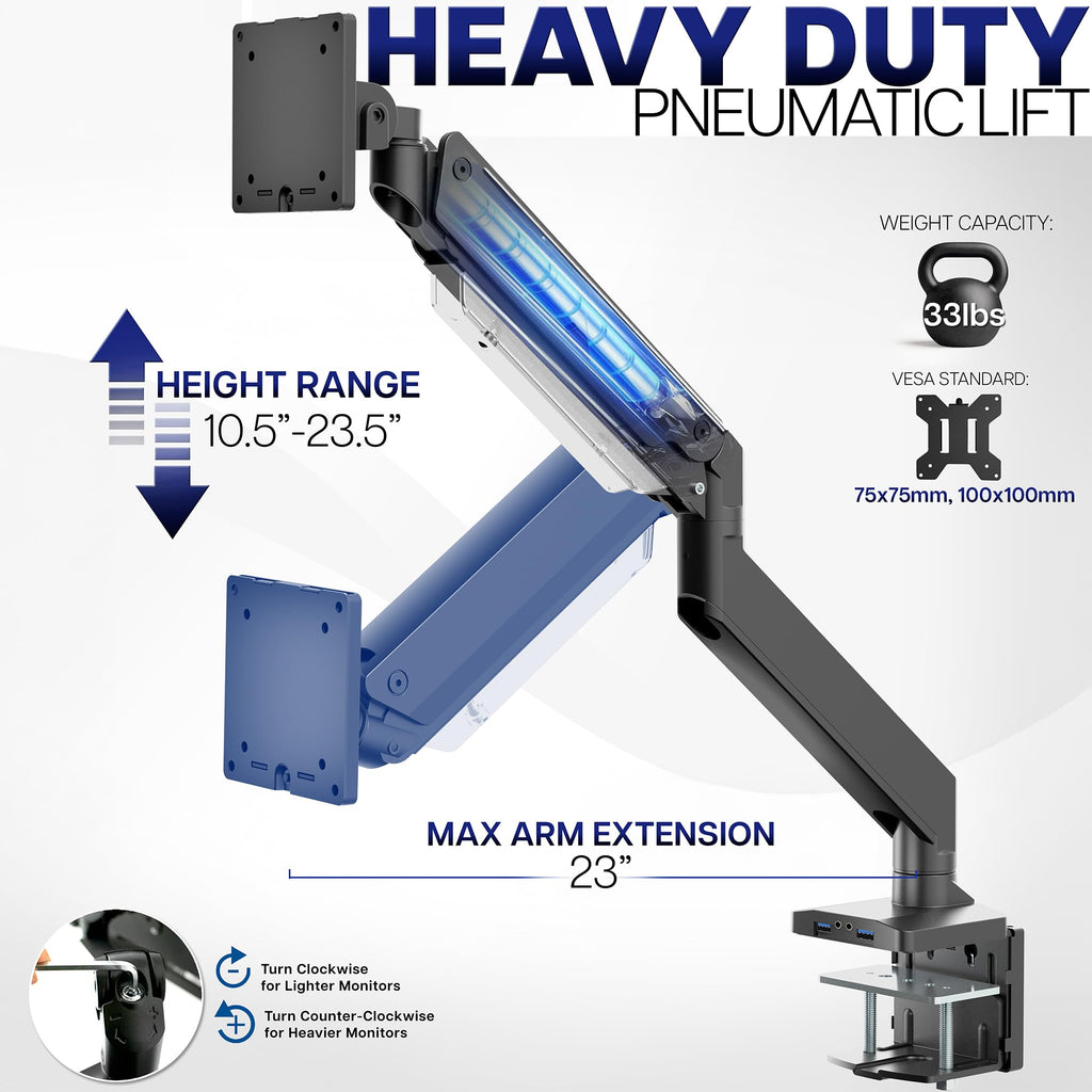 VIVO Premium Aluminum Tall Extended Monitor Arm for Ultrawide Monitors up to 49 inches and 33 lbs, Single Desk Mount Stand, Pneumatic Height Adjusting, Max VESA 100x100, Black, STAND-V101GT