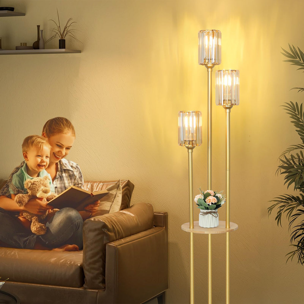 HMVPL Gold Floor Lamps for Living Room, Modern Floor Lamp with Shelves, Crystal Standing Lamps with Table, Brass Tall Lamp with Crystal Shade, On/Off Switch, Mid Century Corner Floor Lamp for Bedroom