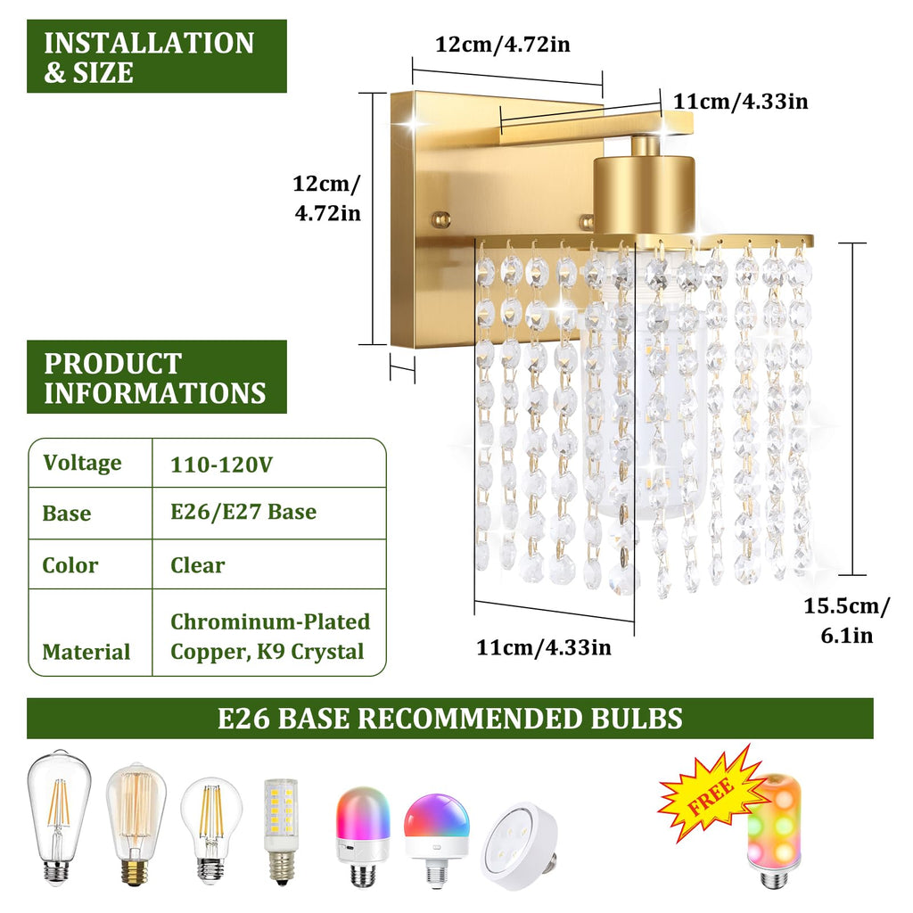 Shenmoyl Set of 2 Crystal Battery Operated Wall Sconce, Rechargeable Battery Powered Wall Lamp with Remote Control, Modern Dimmable Wall Lights for Bedroom Bathroom(Green, Gold Base)