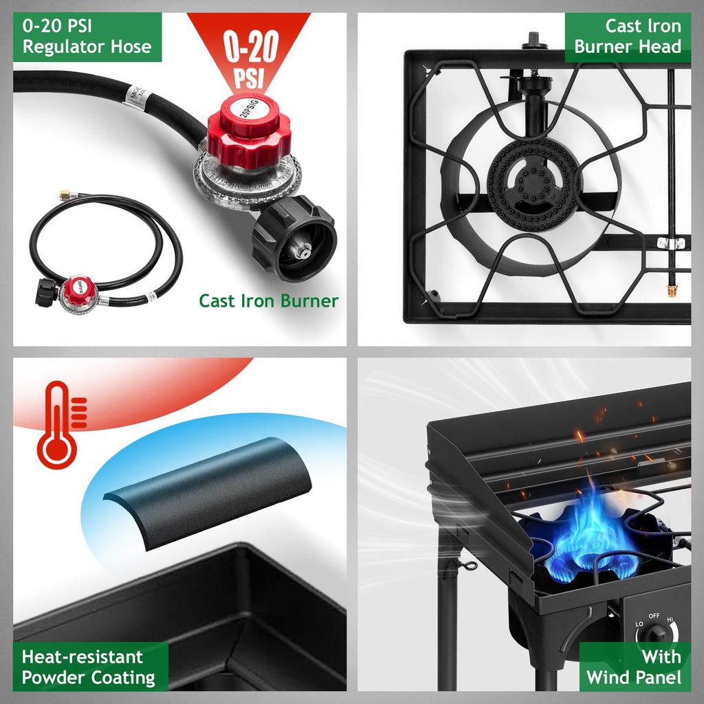 Outvita 2 Burner Propane Gas Stove for Outdoor Cooking, 150,000 BTU Camping Cooker with Removable Legs, Temperature Control Knobs for Backyard Cooking, BBQ, Baking and Frying