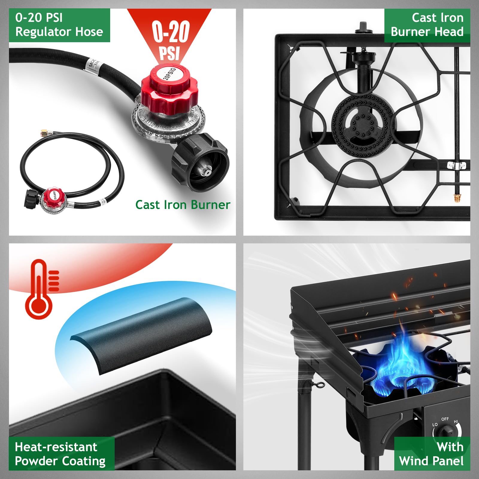 Outvita 2 Burner Propane Gas Stove for Outdoor Cooking, 150,000 BTU Camping Cooker with Removable Legs, Temperature Control Knobs for Backyard Cooking, BBQ, Baking and Frying