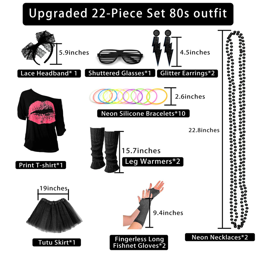 Upgraded 80s Outfit Costume for Women,80s Party Costume Accessory Sets with T-Shirt Tutu Skirt Waist Pack etc