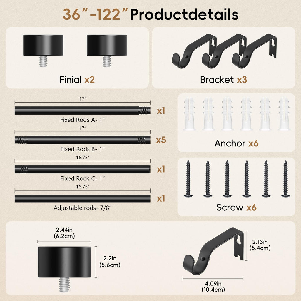 OLV Black Curtain Rod 36 to 45 Inch, 1 Inch Adjustable Modern Curtain Rods for Windows, Decorative Heavy Duty Window Treatment Rods with End Cap Finials, Telescopic Splicing Drapery Pole, Easy Install