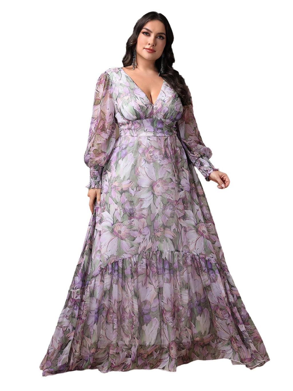 Spring Summer 2024 Plus Size Womens Dresses V Neck Casual Elegant Long Sleeve Floral Print Maxi Dress