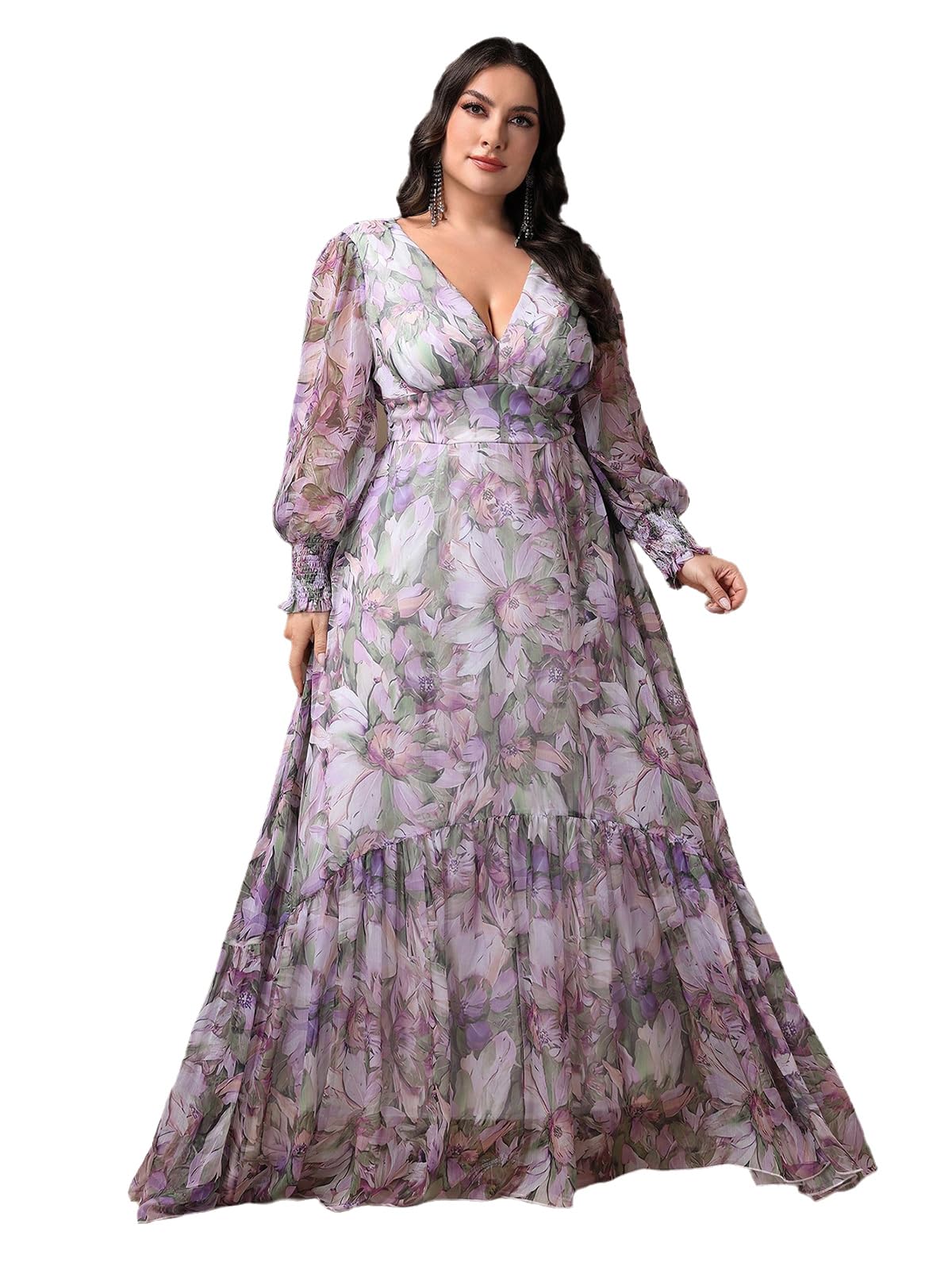 Spring Summer 2024 Plus Size Womens Dresses V Neck Casual Elegant Long Sleeve Floral Print Maxi Dress