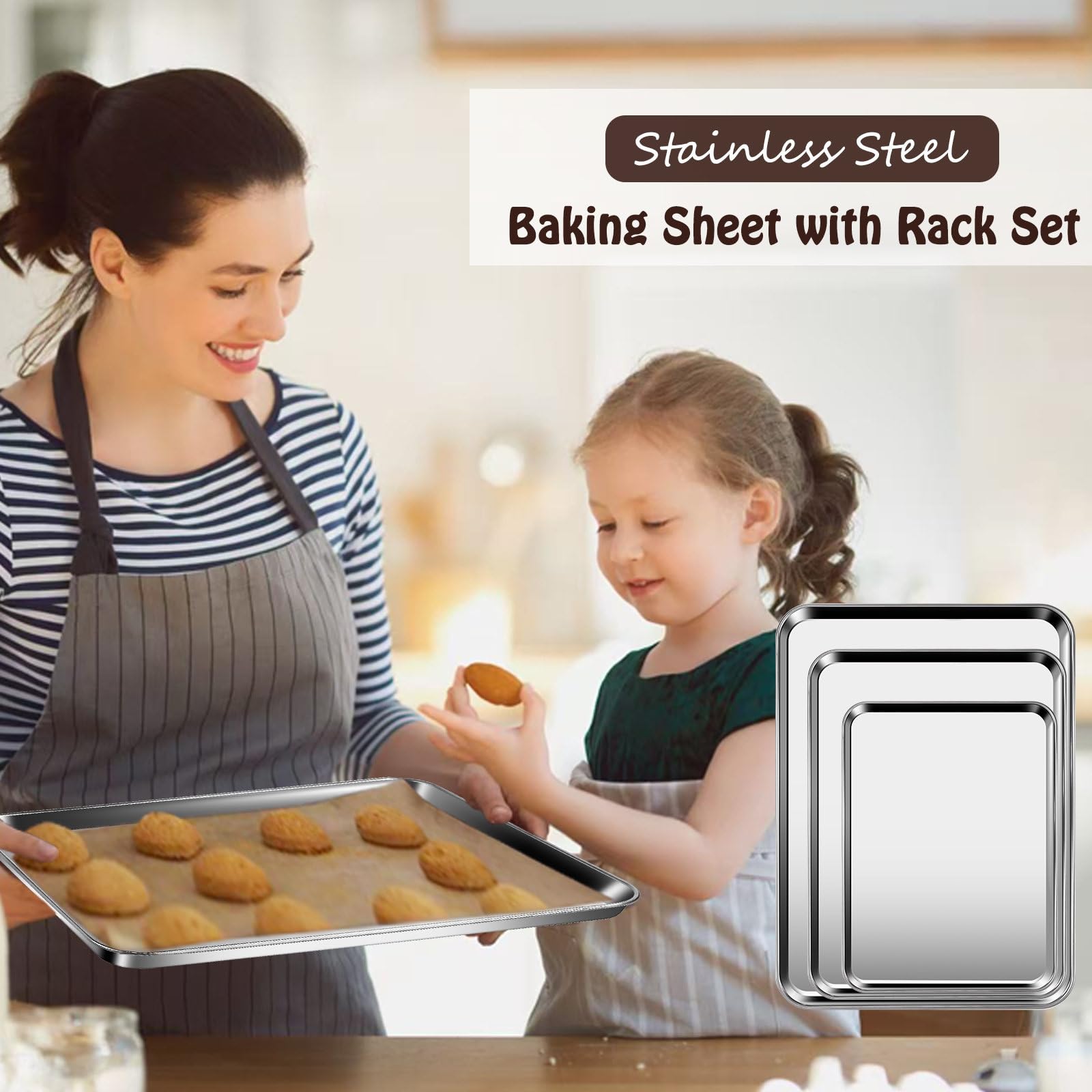 Stainless Steel Baking Sheet Set of 2-16" x 12" x 1" Heavy Duty Cookie Sheets for Baking, Rust & Warp Resistant Oven Tray, Non Toxic & Dishwasher Safe Baking Pans for Cooking, Roasting, Broiling