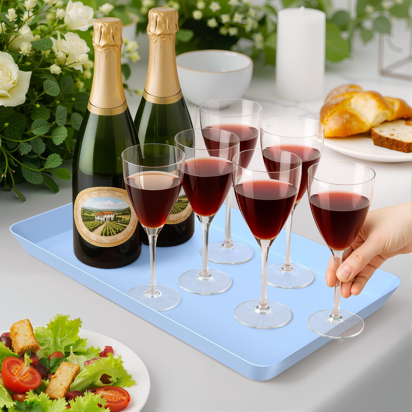 WOWBOX 4 pcs Serving Tray for Entertaining, Serving Platters for Snacks, Fruit, Cookies, Dessert, Reusable Plastic Trays for Serving Food, (White, Black, Green, Red)