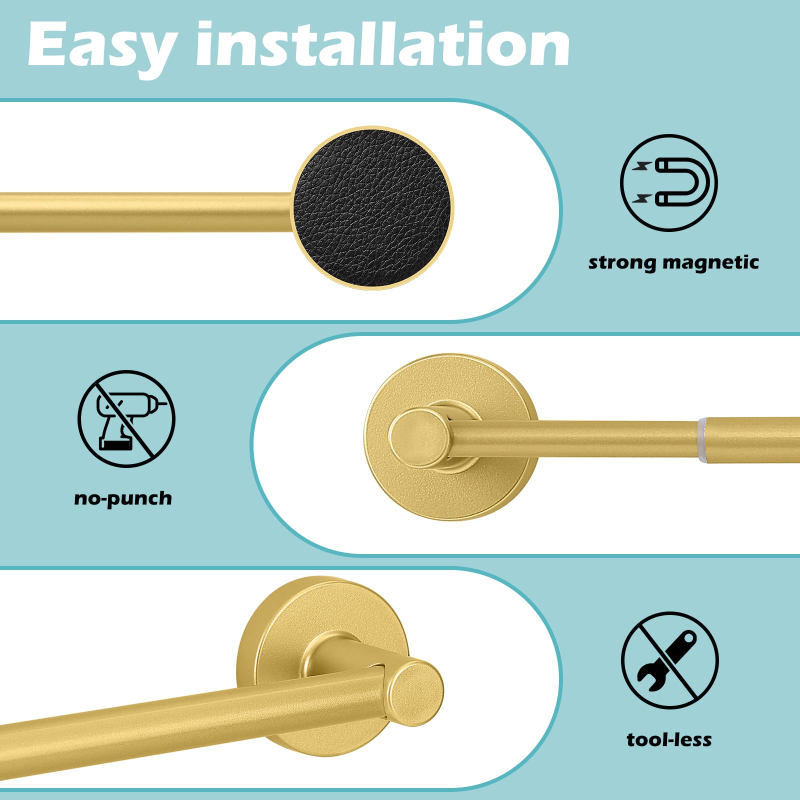 Gold Magnetic Curtain Rod for Door:Magnet Curtain Rods for Classroom Whiteboard,Small Adjustable Magnetic Towel Bar,Tool-Free French Magnet Pole with Leather Protective Cover No Drilling 16-28"