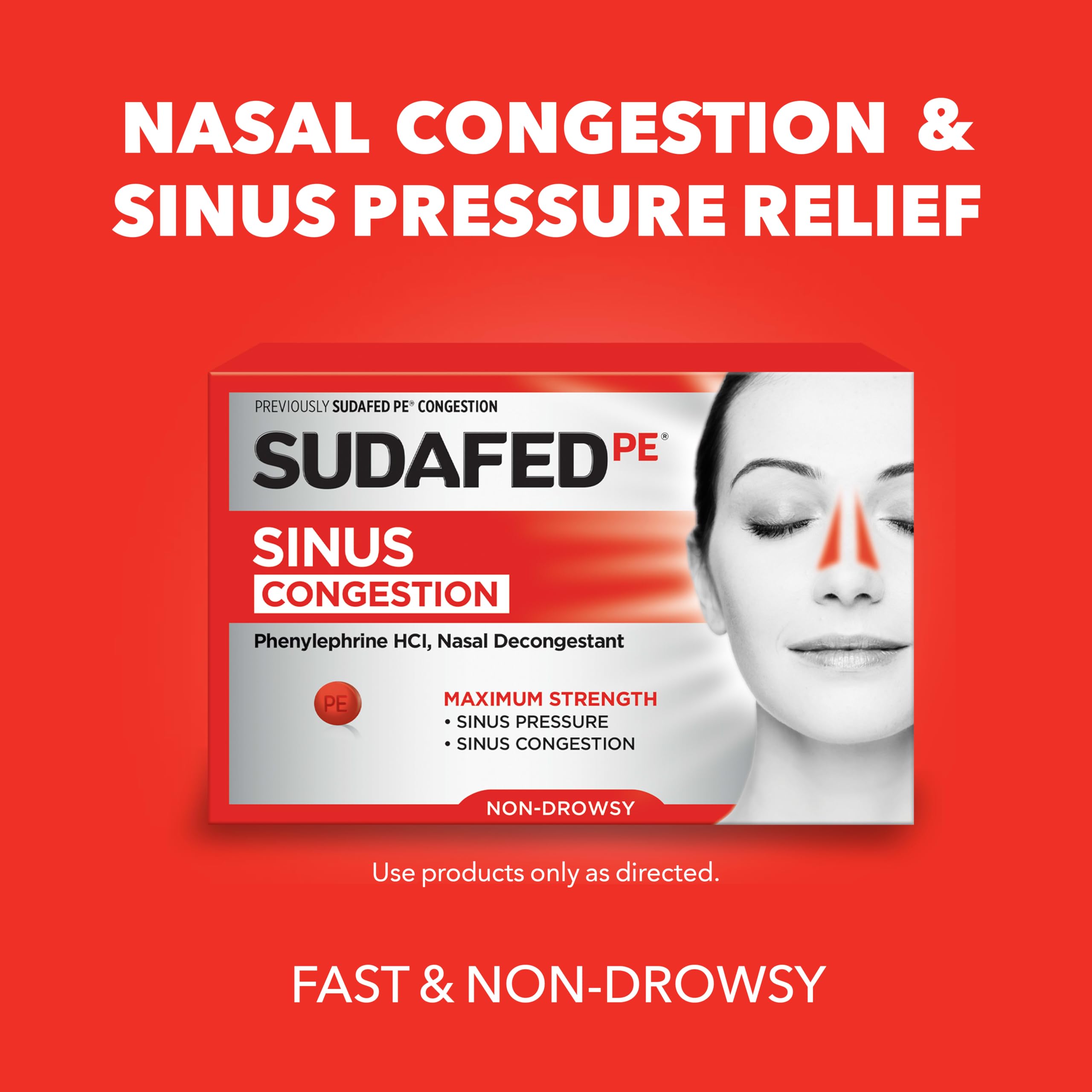 Sudafed, PE Sinus Congestion Relief Tablets, Maximum Strength, Non-Drowsy 10 mg Phenylephrine HCI Decongestant for Sinus Pressure and Nasal Congestion Relief from colds or Allergies, 18 Count