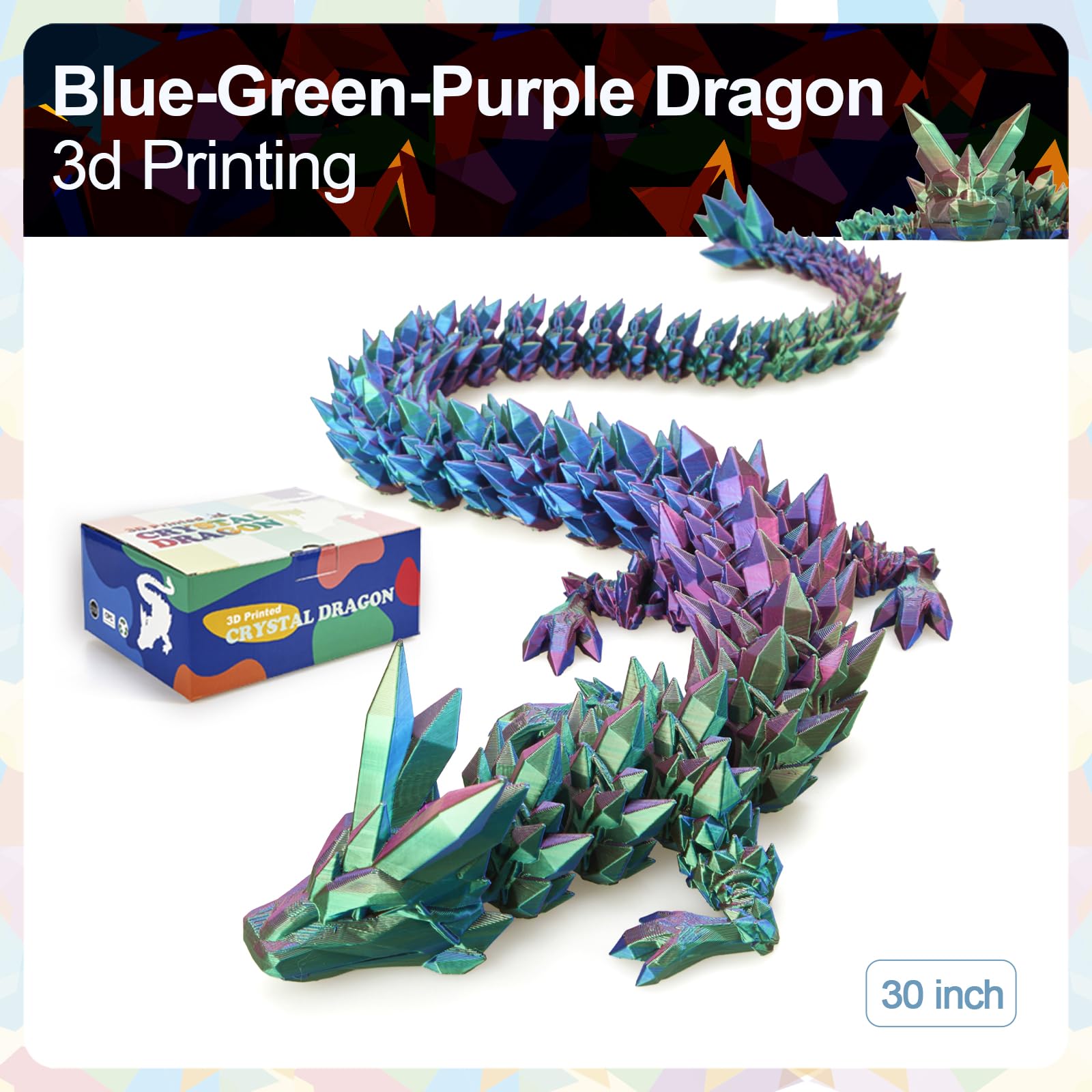 24" Large 3D Printed Dragon - Huge Articulated Crystal Dragon Fidget Toy, Giant Flexible 3D Dragon Figure, Birthday Gift for Boys Girls Kids & Collectors, Home Office Executive Desk Decor