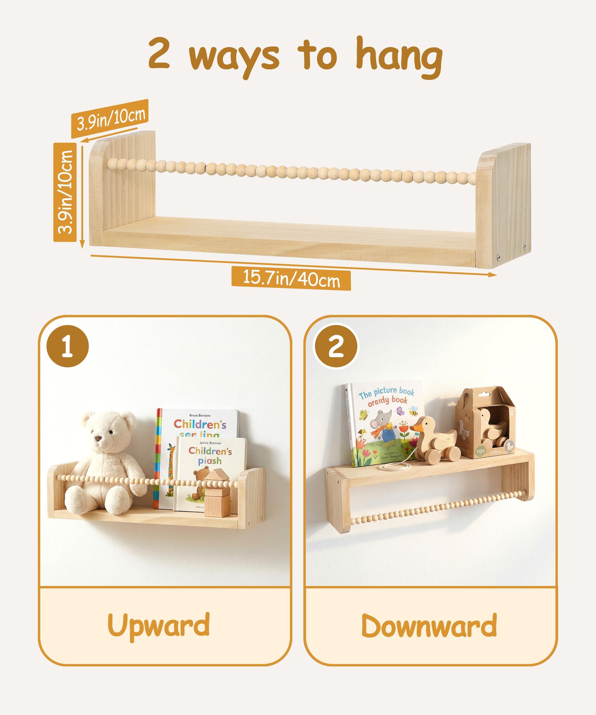 Nursery Book Shelves for Wall Set of 3, Natural Wood Bookshelves Wall Decor, Small Floating Shelf Organizer for Kids Room, Bedroom, Kitchen Spice Rack