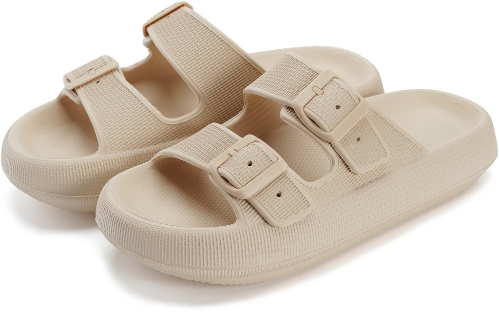 WHITIN Slides for Women Men Double Buckle Adjustable Thick Sole Pillow Slippers Bathroom Sandals