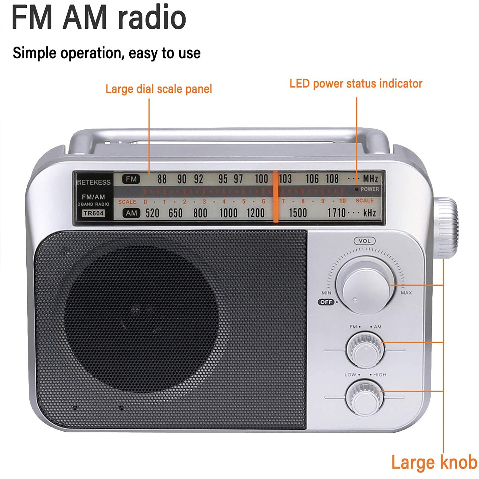 Retekess TR604W AM FM NOAA Radio, Portable Emergency Weather Radios with Best Reception, AC or D Battery Powered, with Clear Dial and Large Knob, Suit for Home (Black)