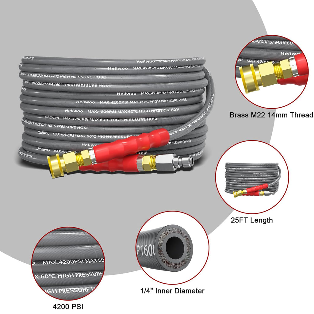 Pressure Washer Hose 25FT, 4200PSI High Tensile Wire Braid Kink Resistant Power Washer Extension Hose, 1/4'' Flexible Replacement Hose with M22-14mm Brass Swivel Thread and 3/8 Quick Connect