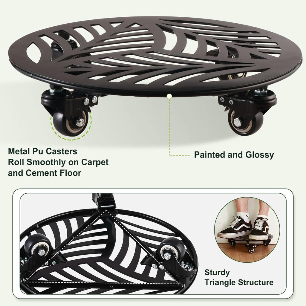 1 Pack 12 inches Large Metal Plant Caddy with 3 PU Metal Wheels Rolling Plant Stand with Casters Indoor Outdoor Wheeled Planter Roller Base Pot Movers Plant Dolly Coaster Trolley Black