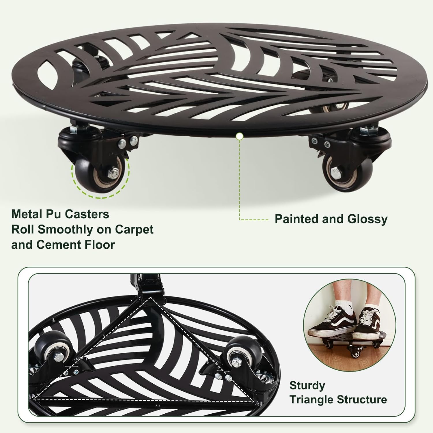 1 Pack 12 inches Large Metal Plant Caddy with 3 PU Metal Wheels Rolling Plant Stand with Casters Indoor Outdoor Wheeled Planter Roller Base Pot Movers Plant Dolly Coaster Trolley Black