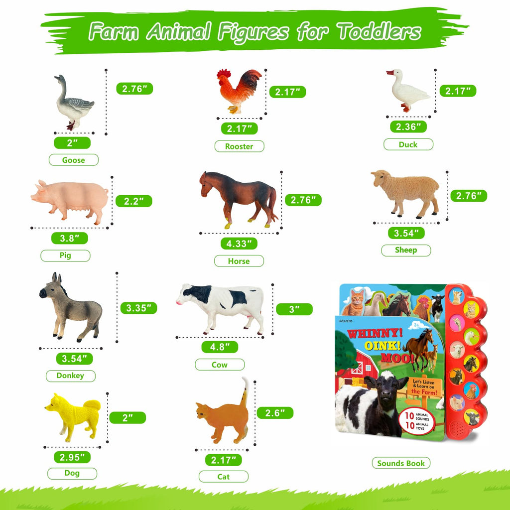 iGRATENS Dinosaur Toys with Sound Books, 10PCS Dino Toy for Toddlers & Animal Sounds Book with 10 Buttons, Realistic Plastic Animal Figures, Dinosaur Toys for Kids 3-5, Dinosaurs Lover Gifts for Kids