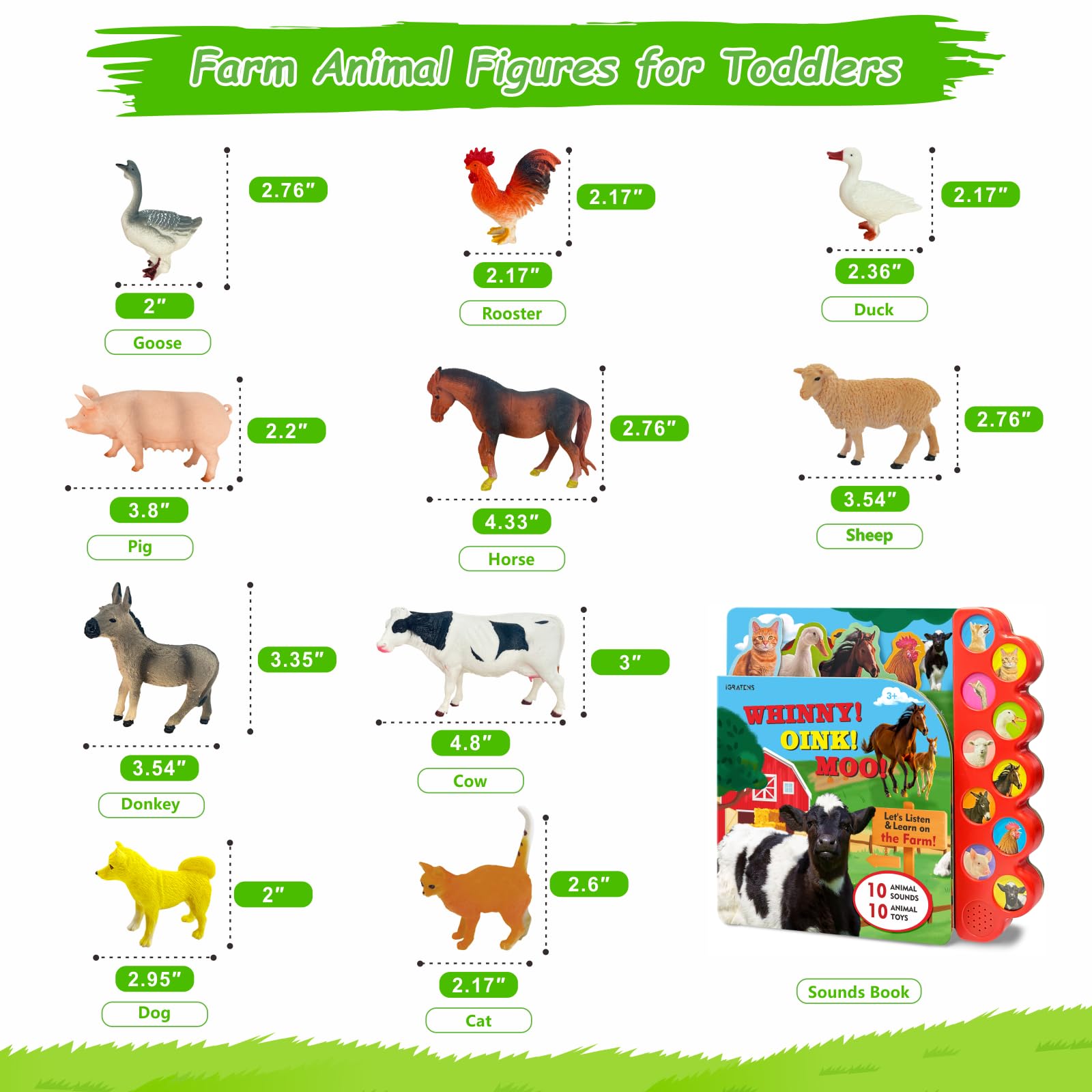 iGRATENS Dinosaur Toys with Sound Books, 10PCS Dino Toy for Toddlers & Animal Sounds Book with 10 Buttons, Realistic Plastic Animal Figures, Dinosaur Toys for Kids 3-5, Dinosaurs Lover Gifts for Kids