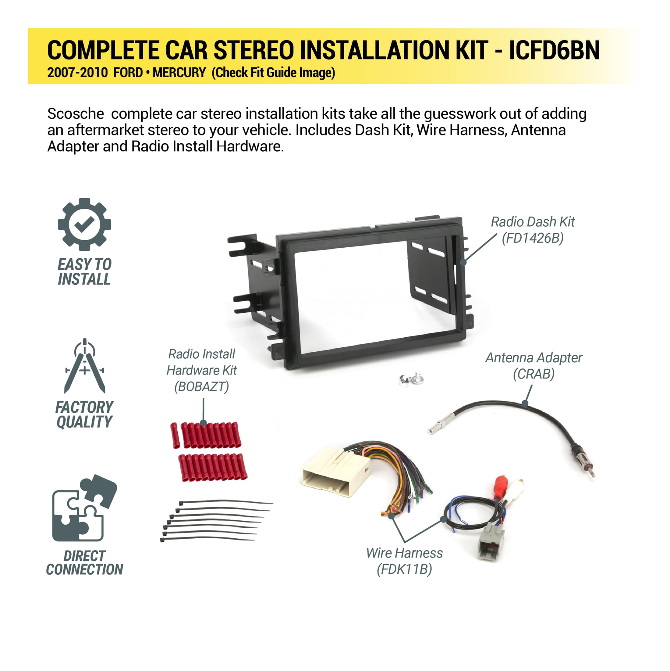 Scosche ICFD6BN Double DIN Radio Installation Dash Kit Compatible with Select 2007-2010 Ford and Mercury Vehicles - Complete Basic Aftermarket Car Stereo Install Kit - See Fit Guide Image for Vehicles