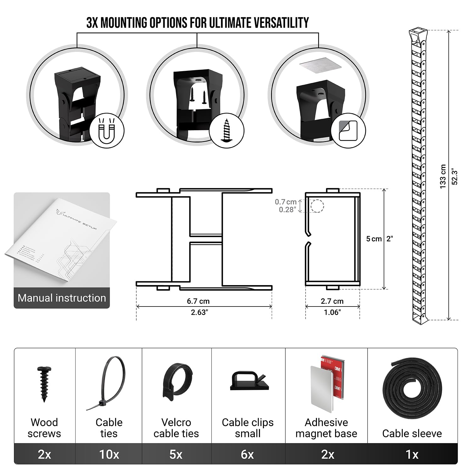 Ultimate Setup Under Desk Cable Management Vertebrae - Perfect for Sit Stand Desk - Wire Management - Adjustable Length - Flexible Cable Spine - Black, 133 cm