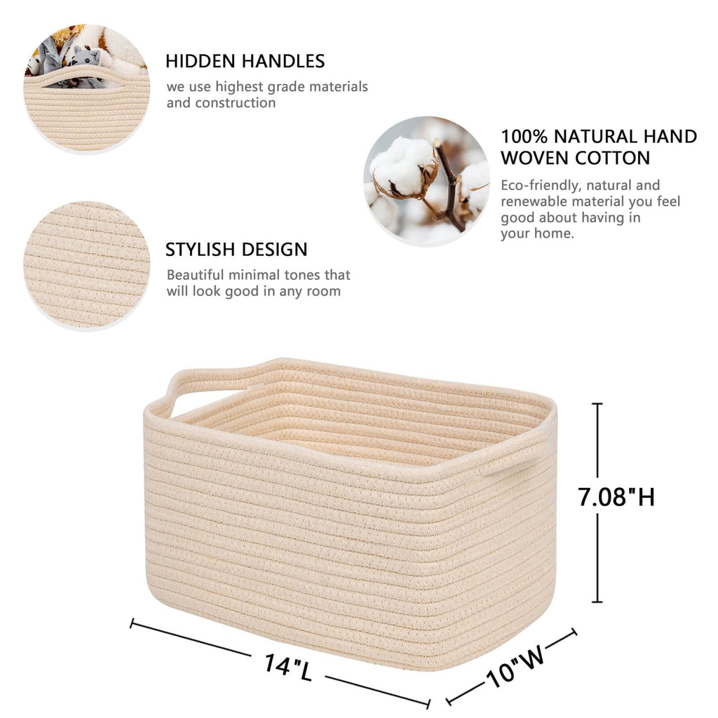 CubesLand Rectangular Cotton Rope Basket, 14x10x5 Inches, Beige, Nursery Storage Bin